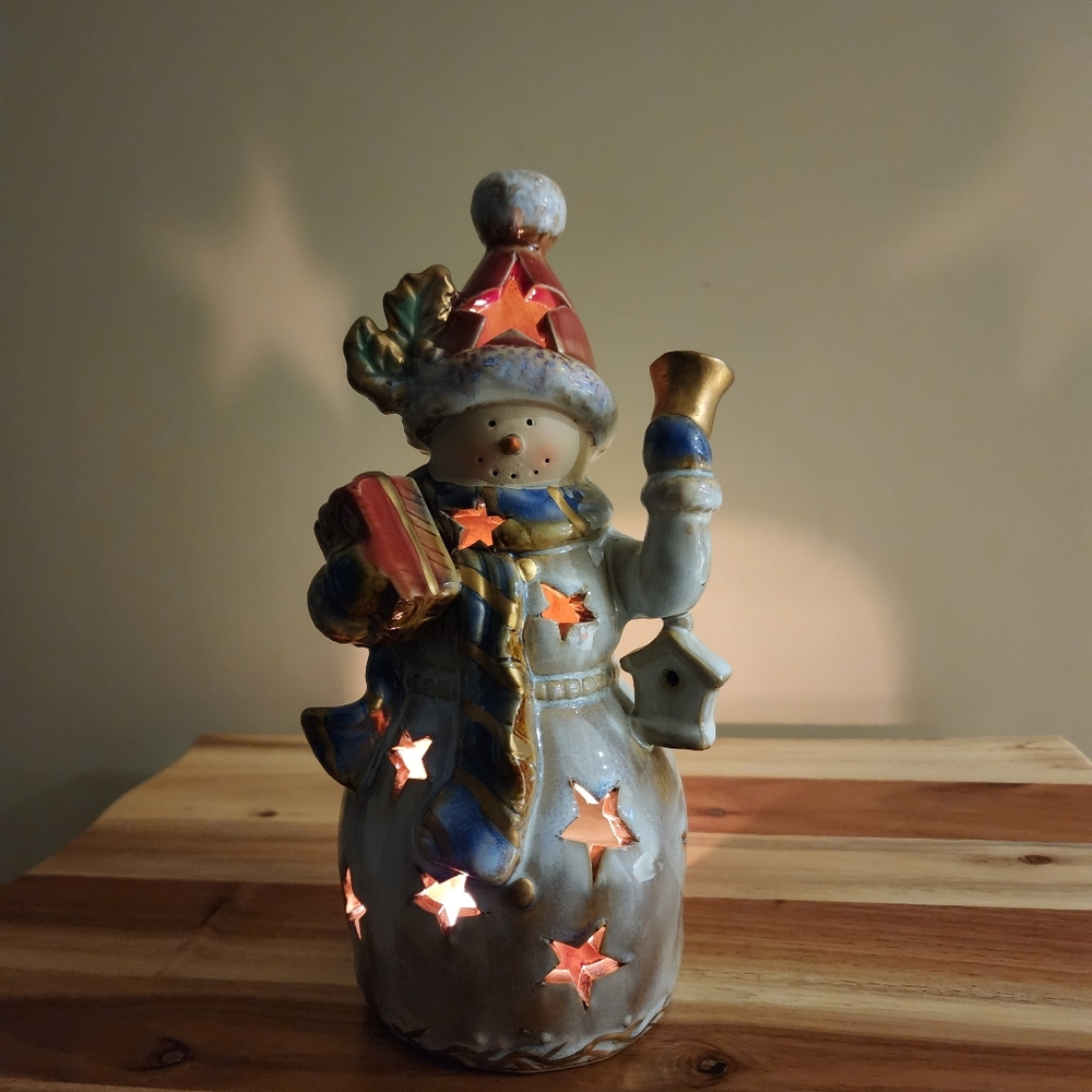 Vintage Christmas Ceramic Snowman Tea Light Votive Candle Holder Stars Figurine